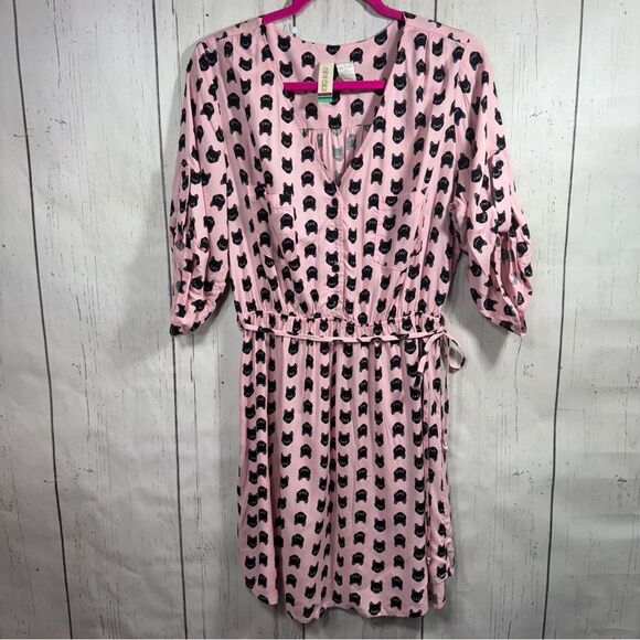 Mimi Chica Womens Cat Print Button Down Pink Black V Neck Belted Mini Dress - Picture 1 of 16